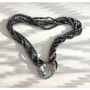 Tahitian Pearl + Abalone Shell Sterling Silver Vintage Chunky Necklace - 30"